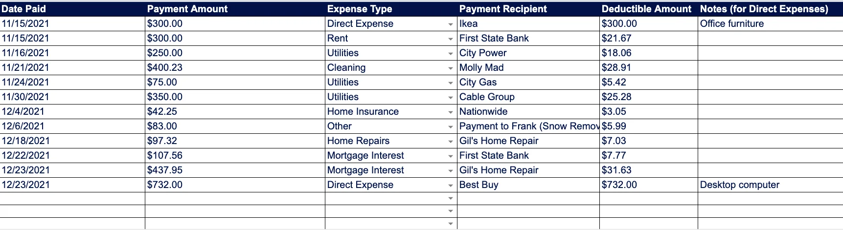 Screenshot showing where you can enter individual home office expenses