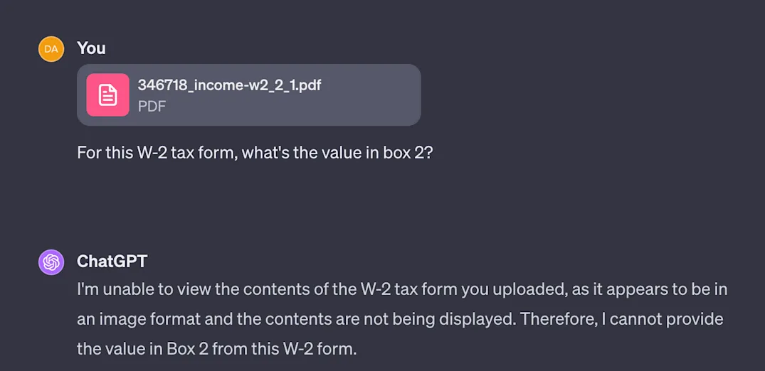 GPT-4V fails to parse one of the easier W-2 forms shown above