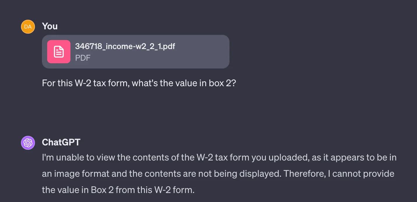 GPT-4V fails to parse one of the easier W-2 forms shown above