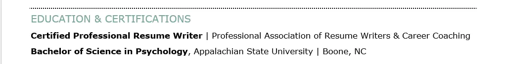 The education section of a resume showing a BS degree and a professional certification