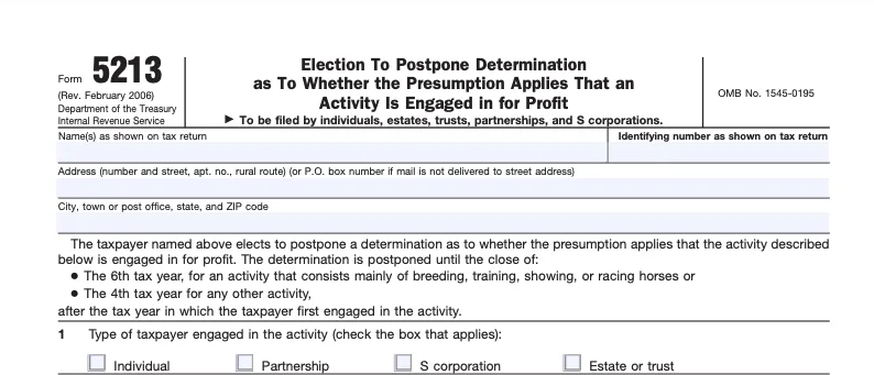 Top part of a blank Form 5213, used to make the IRS postpone classifying your business as a hobby