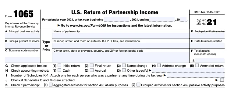 Part of a blank Form 1065, for U.S. Return of Partnership Income