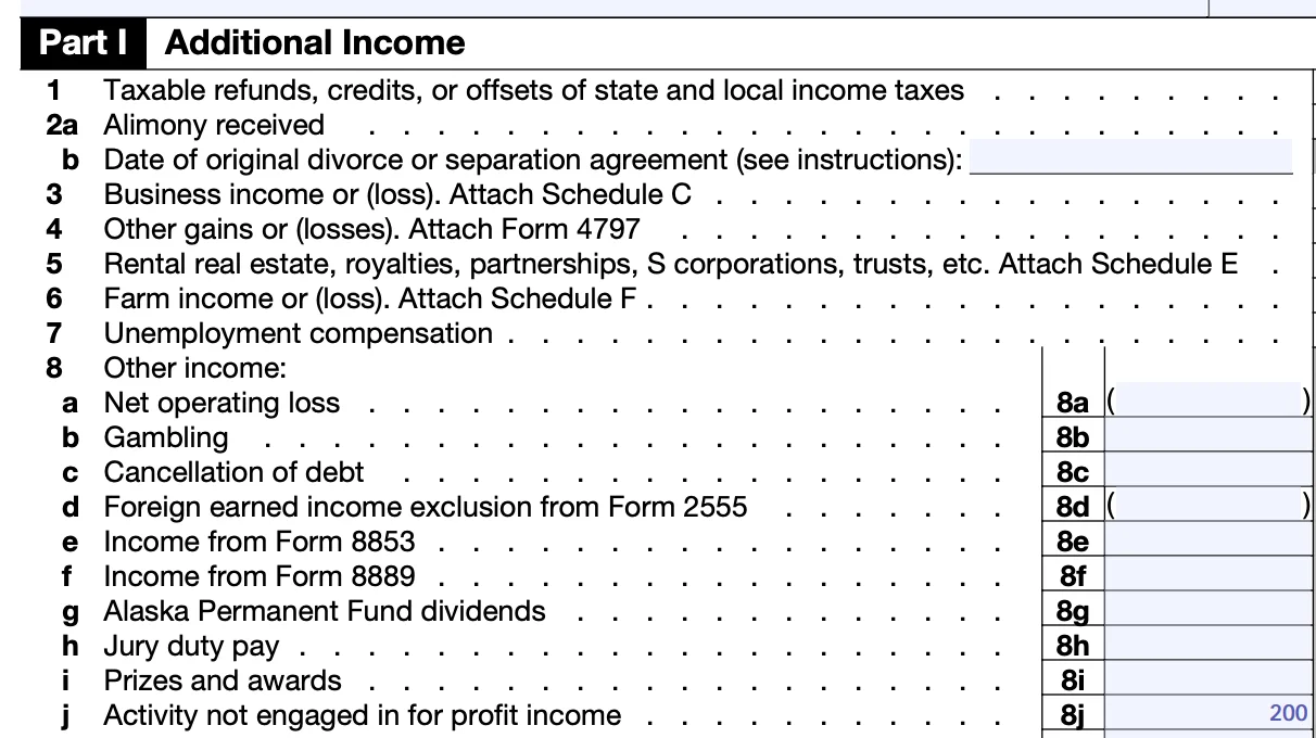 Tax form Schedule 1, with line 8j filled in