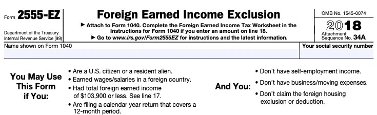 Part of a blank Form 2555-EZ, the short version of the Foreign Earned Income Exclusion Form