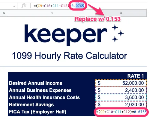Screenshot showing how to modify the FICA tax formula in row 13 to show 15.3% instead of 7.65%