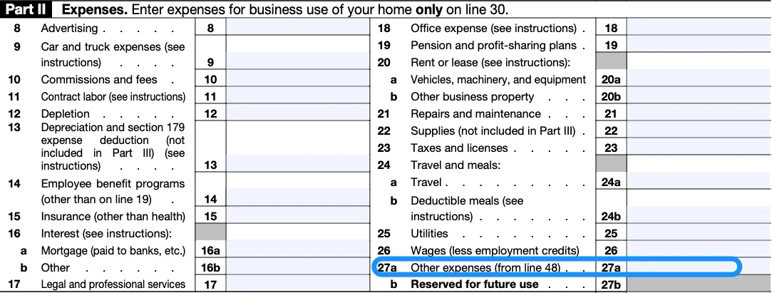 Part II of a blank Schedule C, with box 27a, for "Other expenses," circled in blue