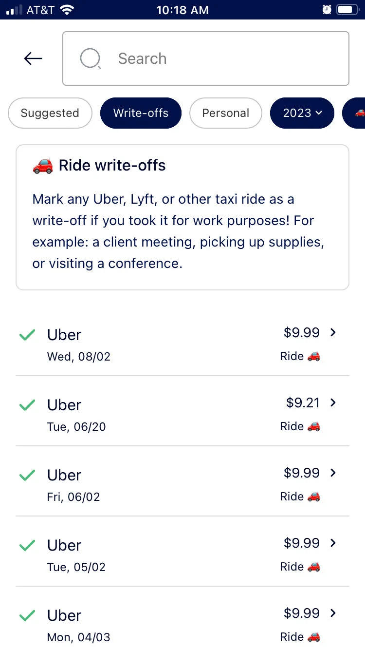 Business expenses in the "rides" category from the Keeper app, showing Uber rides