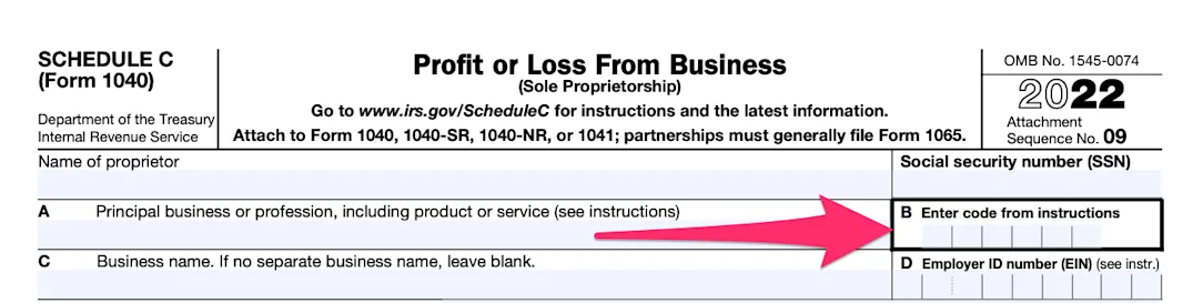 The top part of a blank Schedule C, with a pink arrow pointing to box B, where the taxpayer's NAICS code is entered.