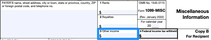 The first section of a blank 1099-MISC form, with box 3, for other income, circled in blue