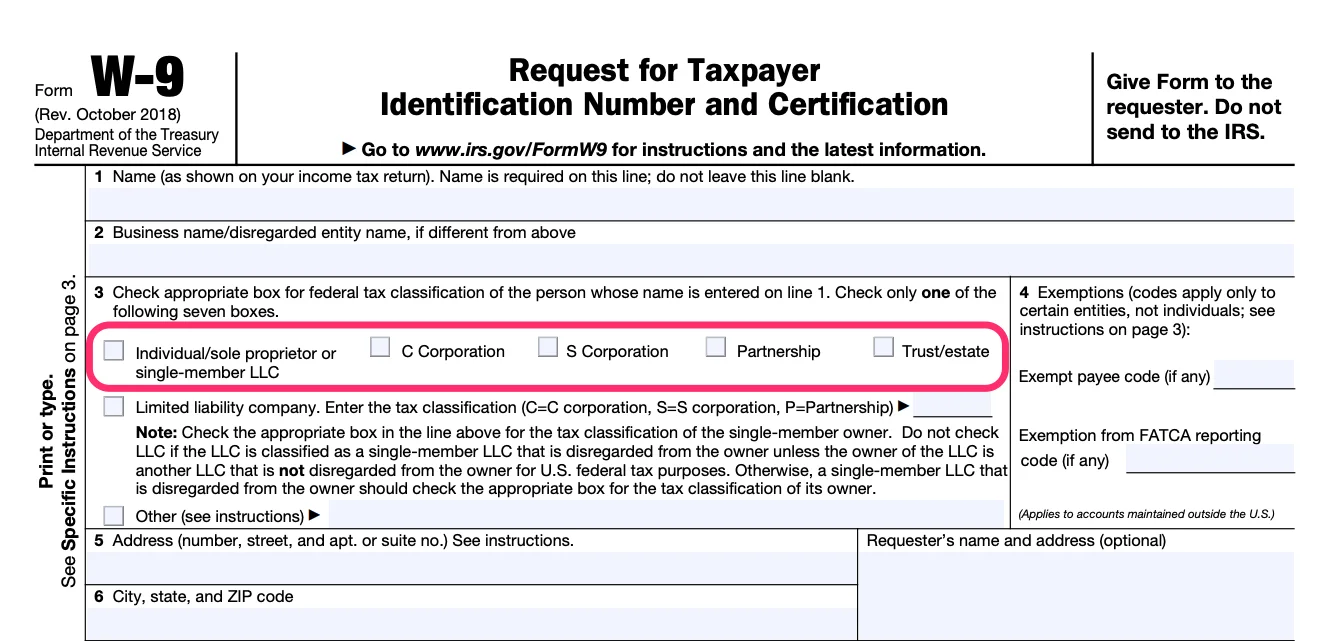 Part of a blank W-9 form, with the checkboxes for tax classification in box 3 circled in pink