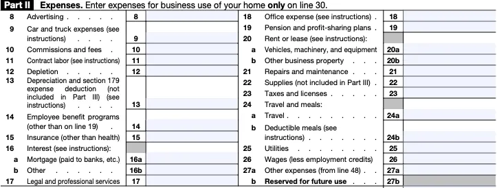 Screenshot of Part II of a blank Schedule C, showing business write-off categories