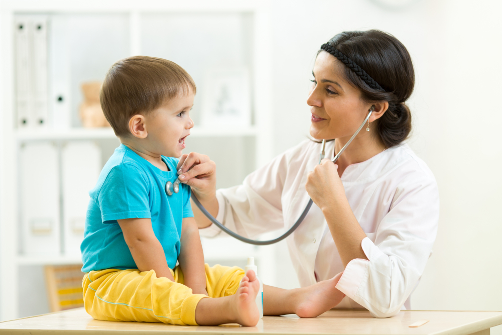 A doctor evaluating a child 