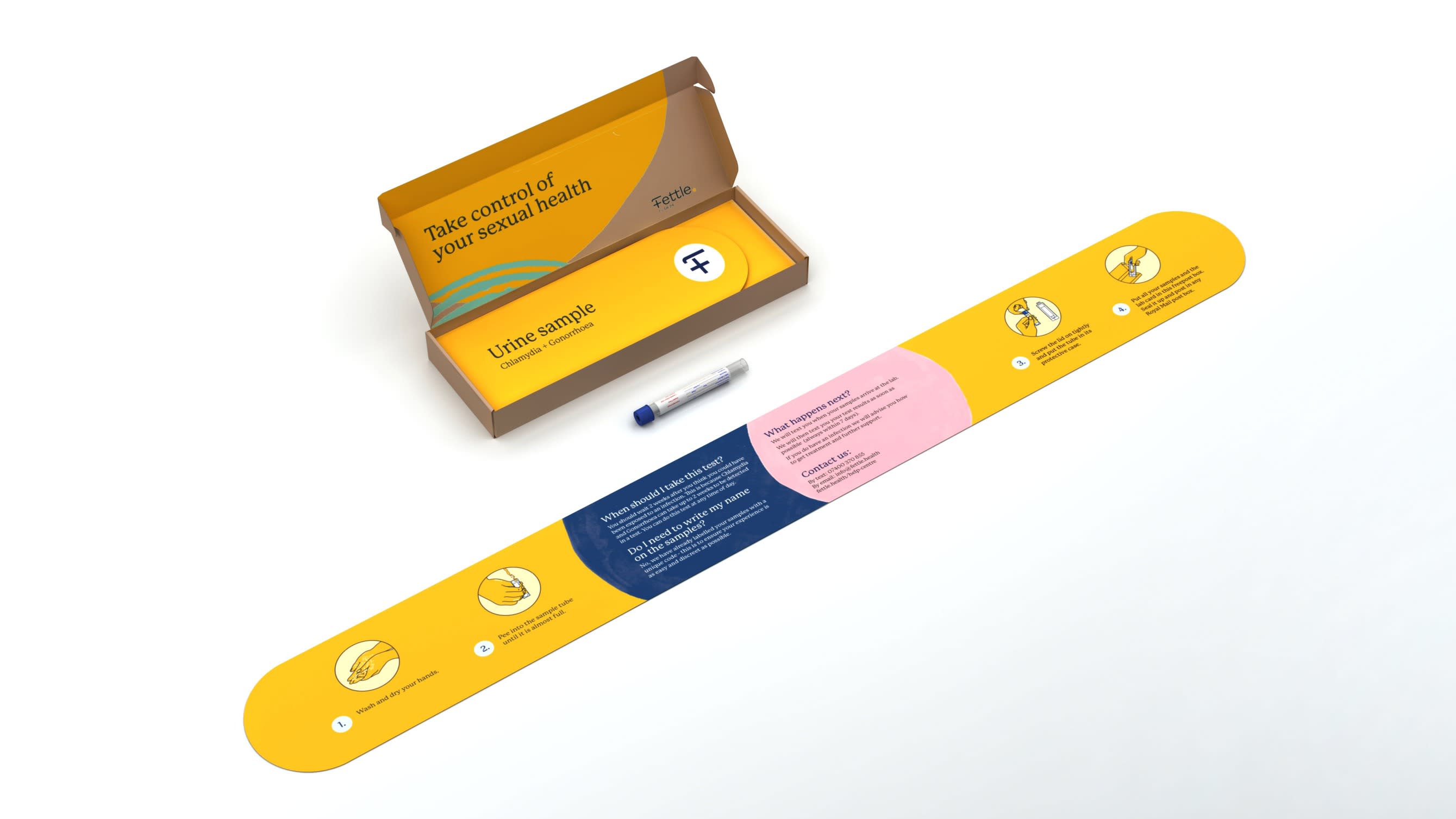 Image of Fettle urine test kit with packaging and instructions