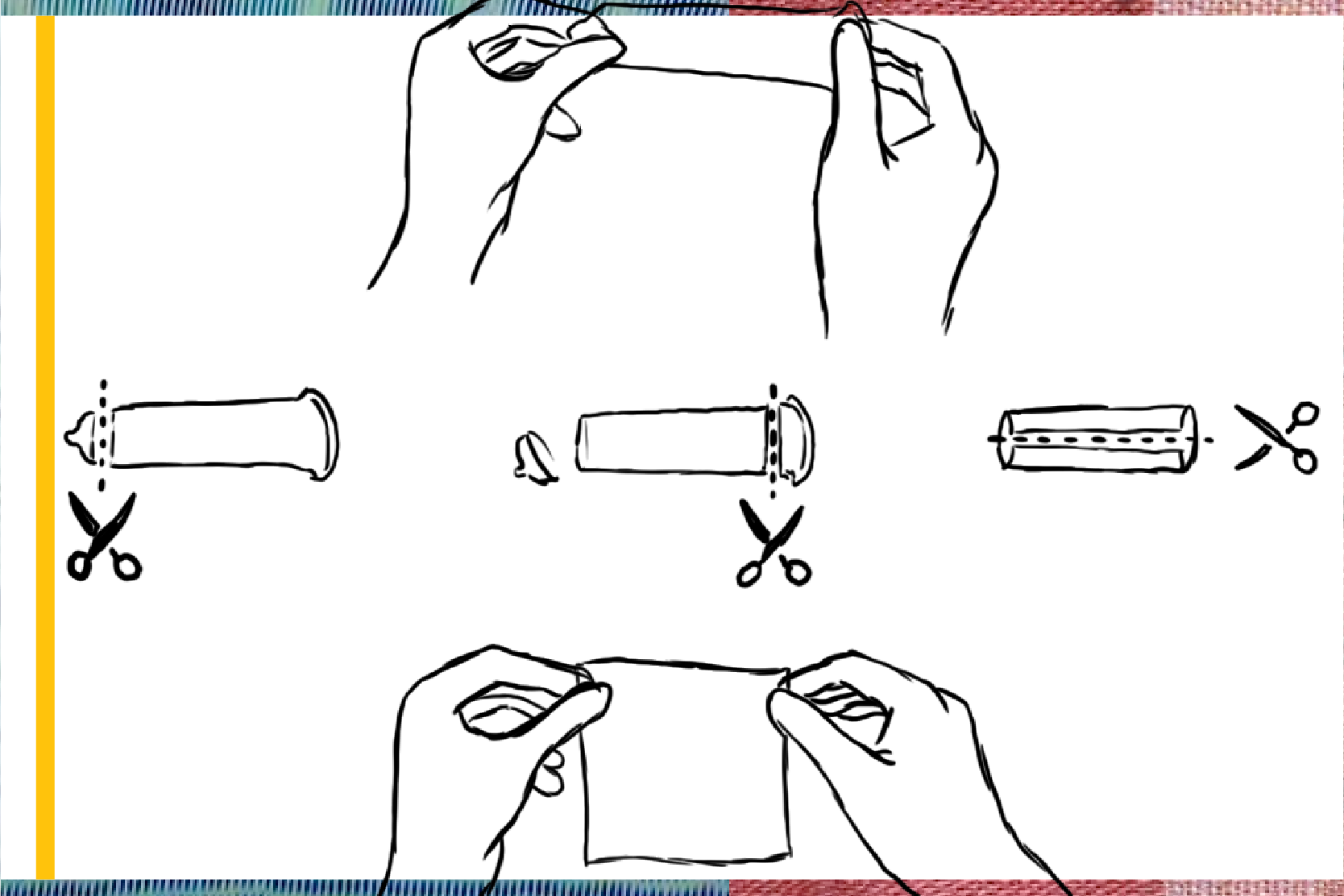 Illustration showing cutting a condom for use as a dental dam.