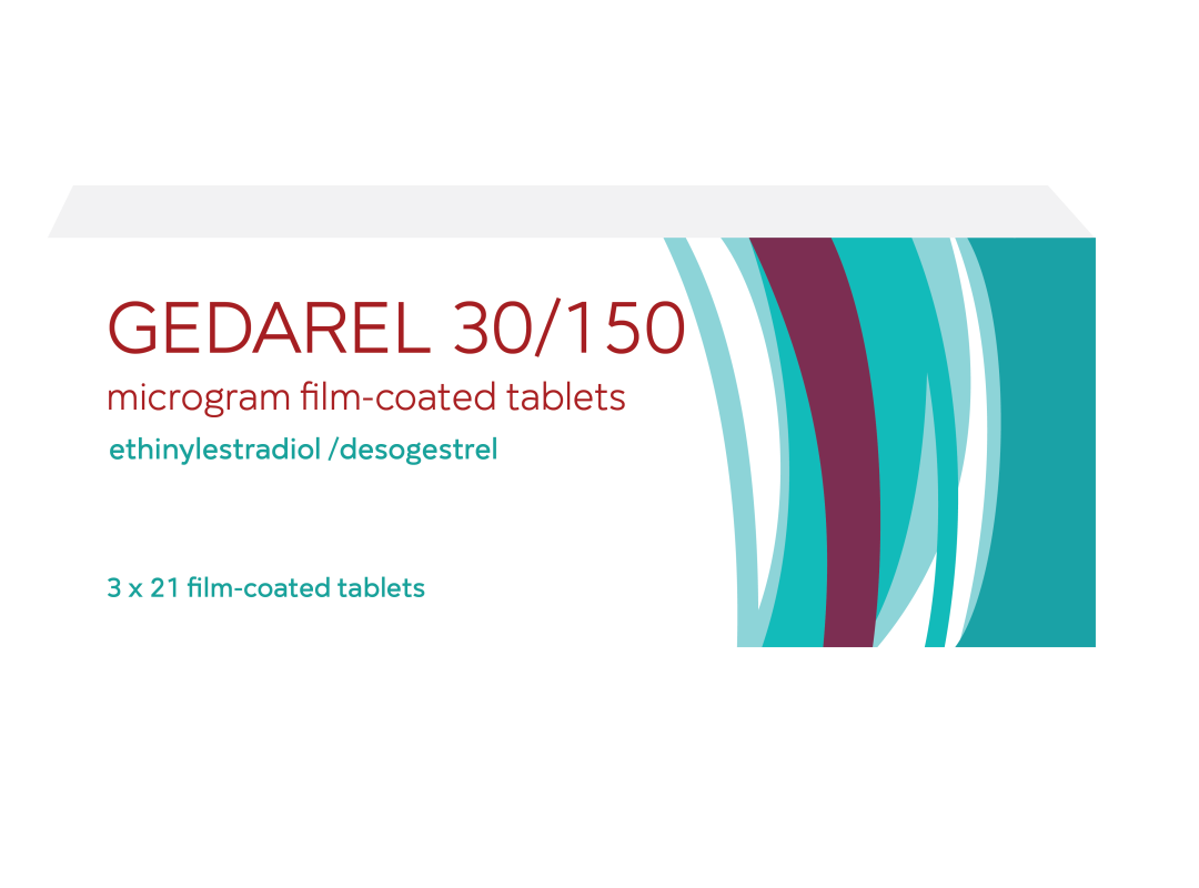Gedarel 30/150 microgram film-coated tablets, ethinylestradiol/desogestrel, 3 x 21 tablets