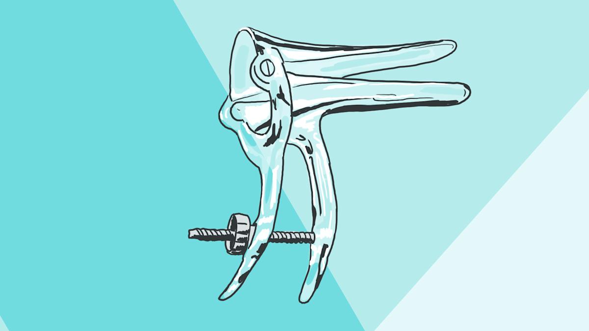 A hand drawn illustration of a clear plastic speculum.