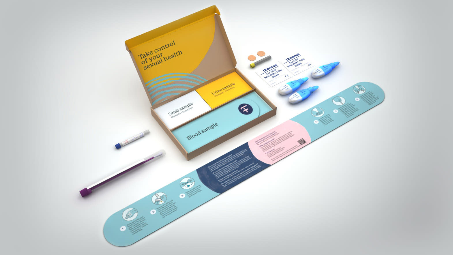 Box with instructions leaflet, swabs and blood lancets