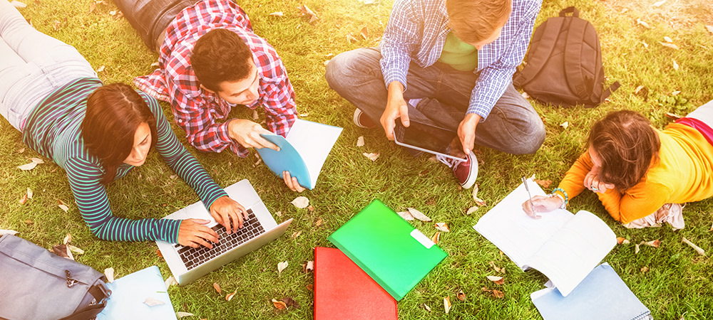 Studierende sitzen beim Lernen zusammen im Park