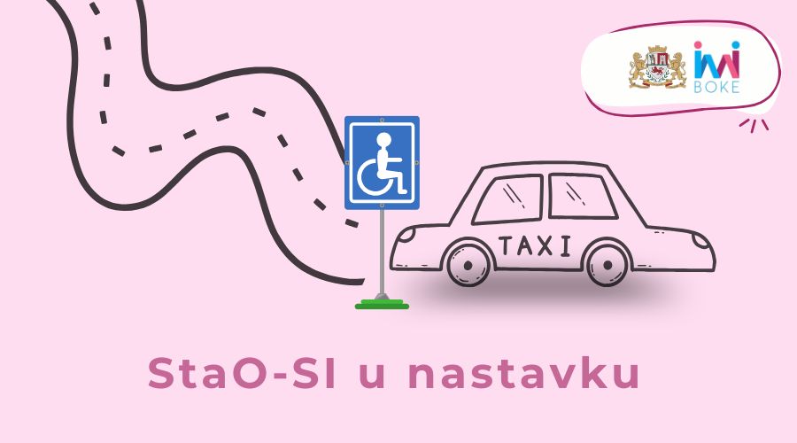 Put, taksi i znak za OSI, roze boje pozadina u rozi naslov ,,StaO-SI u nastavku''