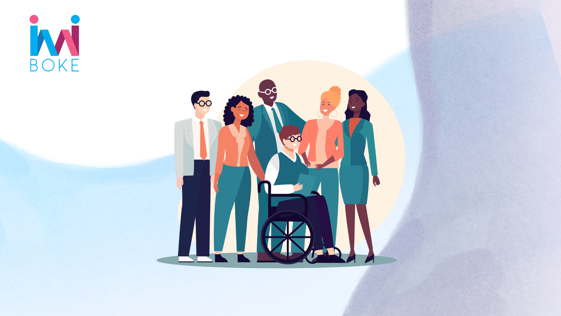 Nekoliko ljudi u odijelima stoji uz jednu osobu koja je u kolicima. Preovladava plava boja.