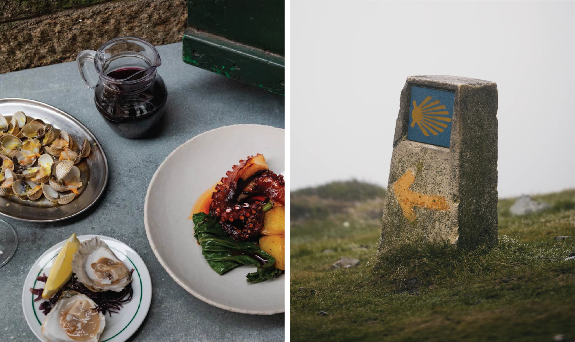 Fresh Galician seafood dishes at Abastos 2.0 in Santiago de Compostela; Camino de Santiago scallop shell trail marker in Galicia, Spain.