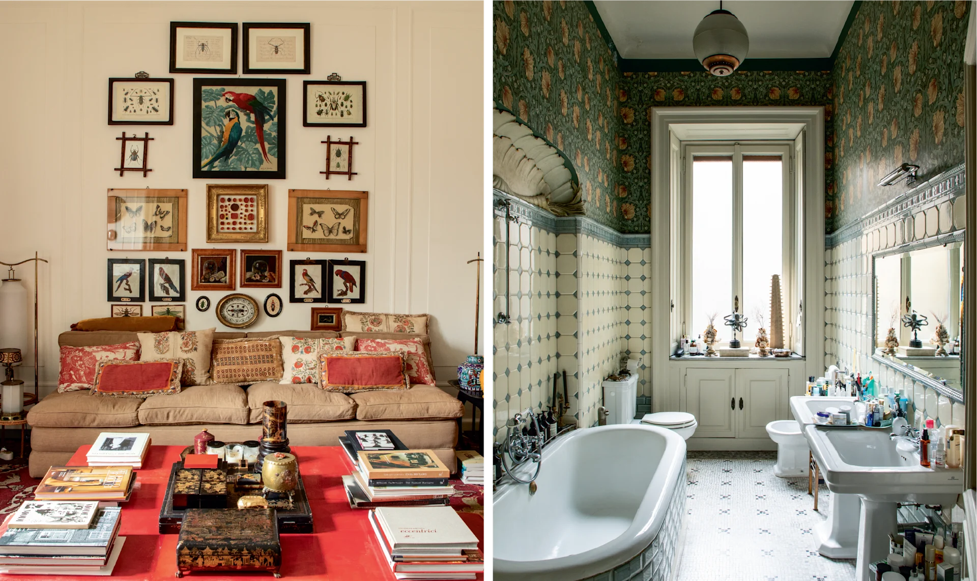 Cozy study with a red desk covered in books and objects, set against a gallery wall of framed illustrations and artworks arranged in an eclectic grid. Bright bathroom with patterned wallpaper and decorative tile walls, featuring a white freestanding bathtub, pedestal sink, and a window letting in natural light.