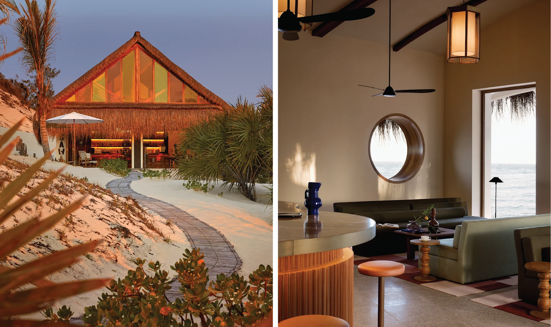 Interior living or sleeping area with minimalist luxury design, featuring natural wood, neutral tones, and views toward the surrounding landscape. Detail shot of architectural craftsmanship or interior styling, focusing on tactile materials and handcrafted design elements.