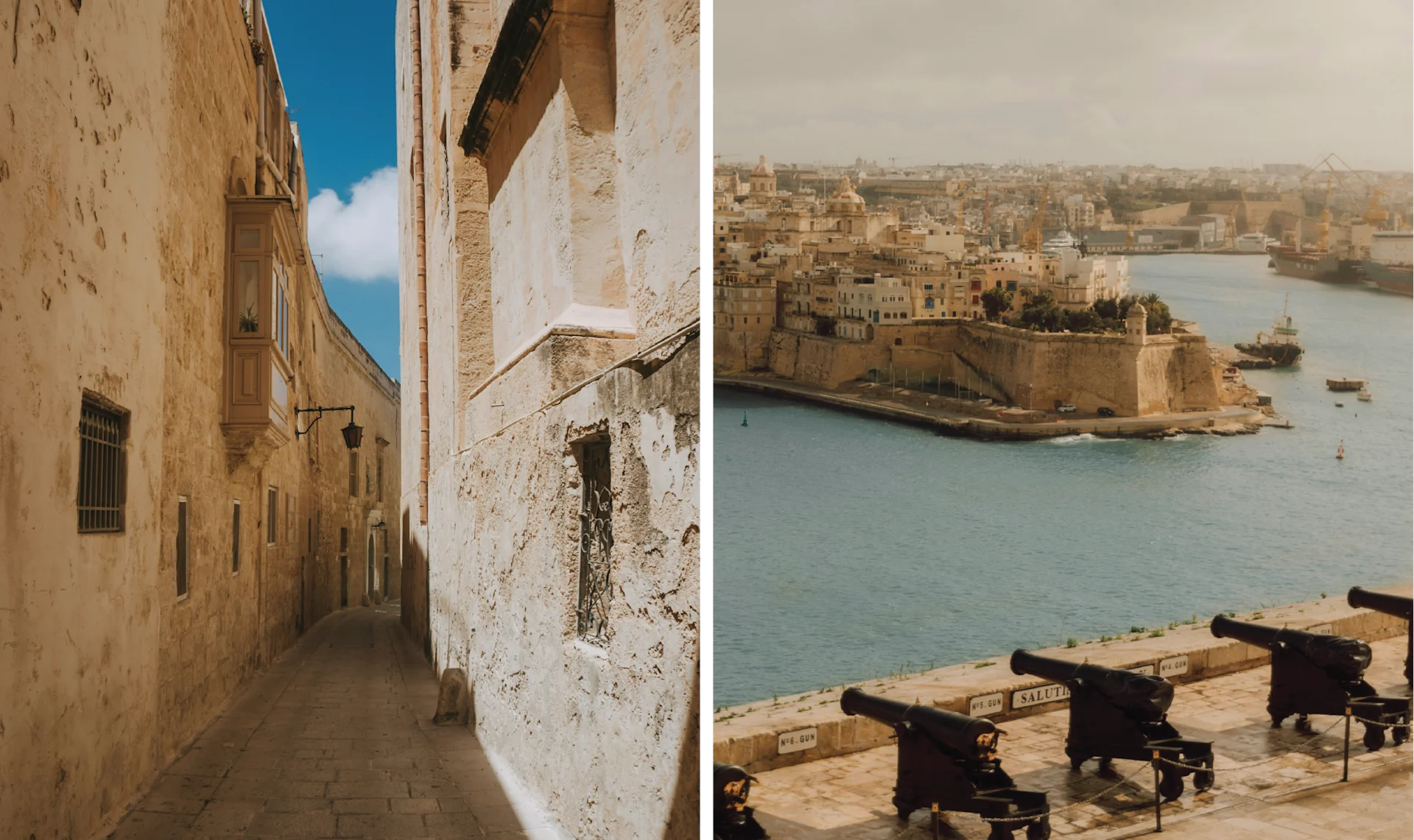 Left: A narrow, sunlit alleyway in a historic Maltese town, flanked by tall limestone walls with a traditional wooden balcony and an iron street lamp. Right: A view from Upper Barrakka Gardens in Valletta, with historic cannon in the foreground and the Three Cities and Grand Harbour stretching into the distance under an overcast sky.