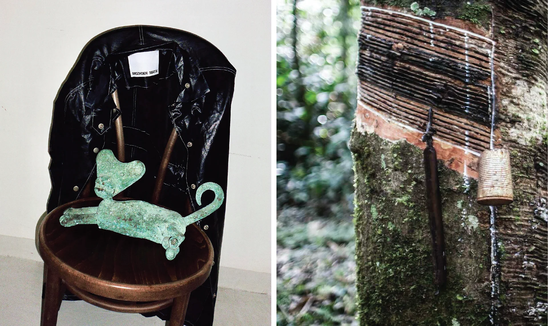 A handcrafted decorative object displayed on a wooden chair beside a woven textile installation stretched between trees in a forest setting.