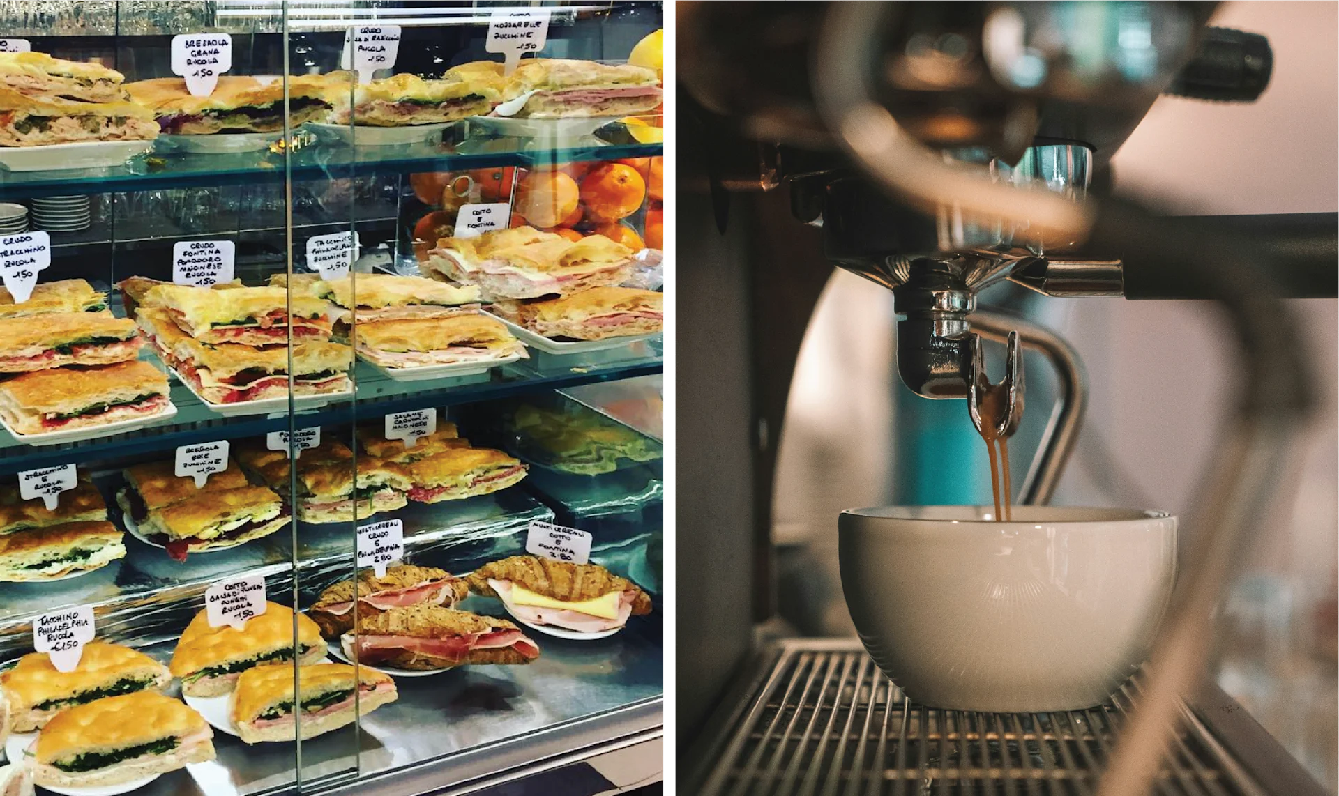 Exterior and interior details of Caffè Melloni, showing a classic Florentine café façade alongside a table set with espresso and pastries.
