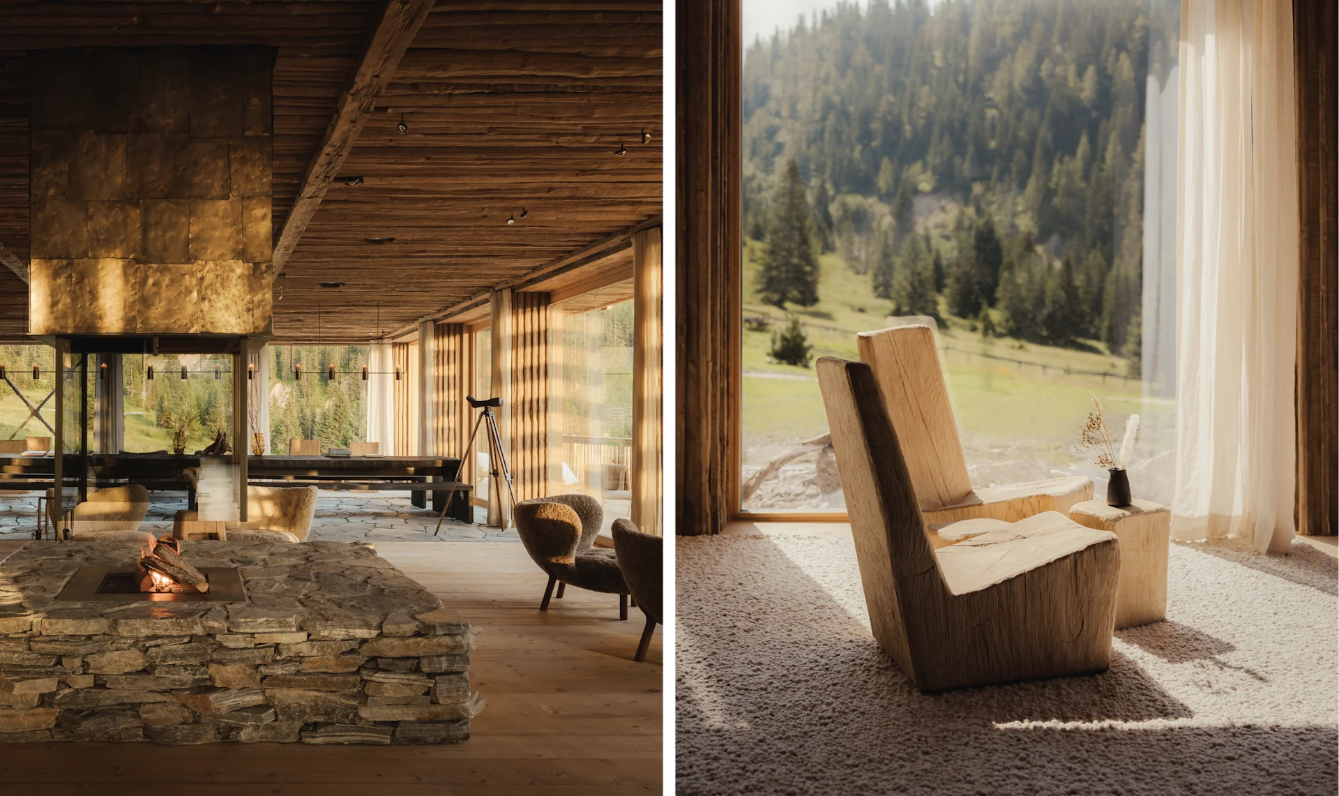 Interior design at Eriro featuring reclaimed timber, local stone, and tactile alpine minimalism