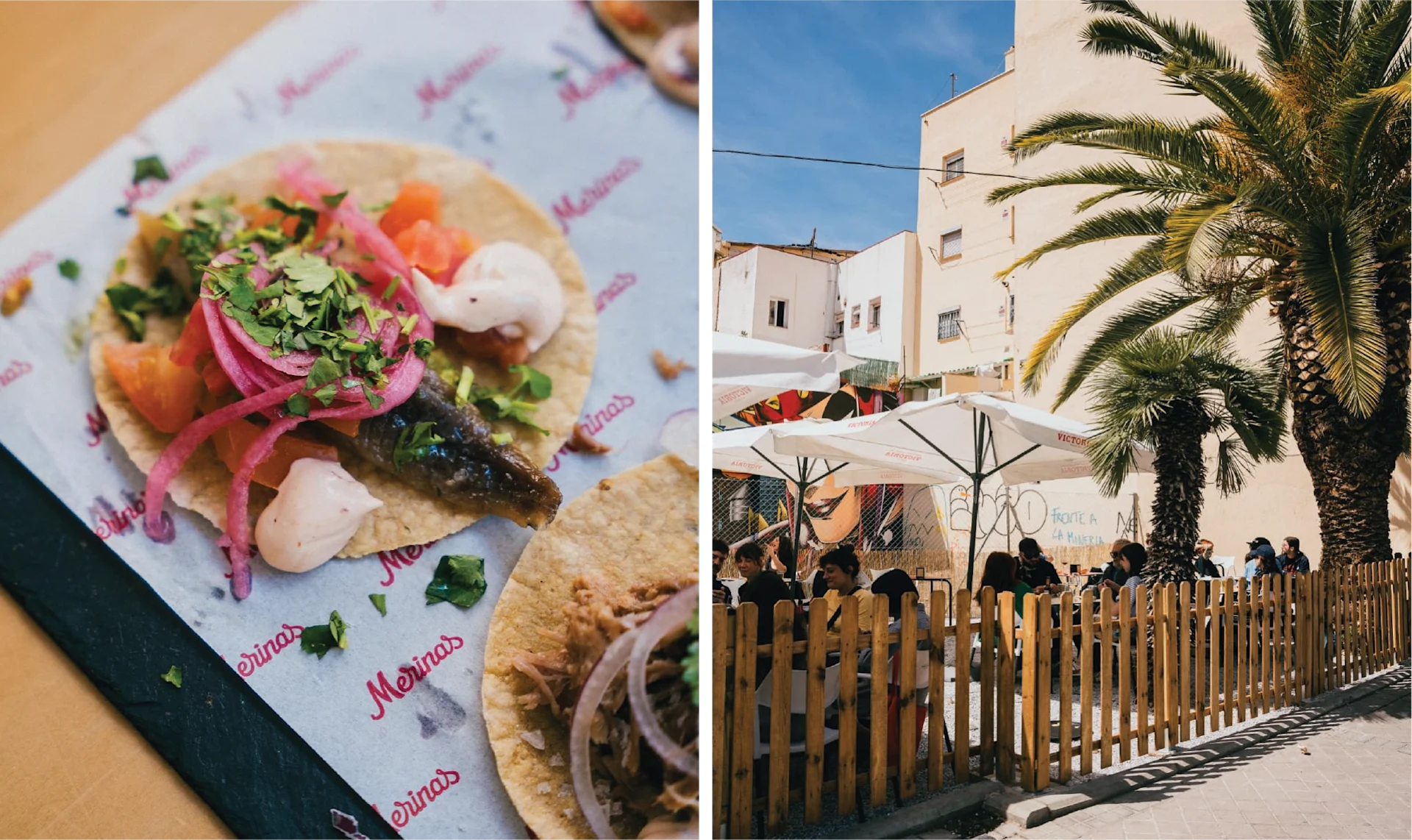Close-up of a taco topped with fish, pickled onions, herbs, and sauce served on branded paper at a casual restaurant. Outdoor restaurant terrace with diners seated under umbrellas beside a white building and palm tree in Carabanchel.