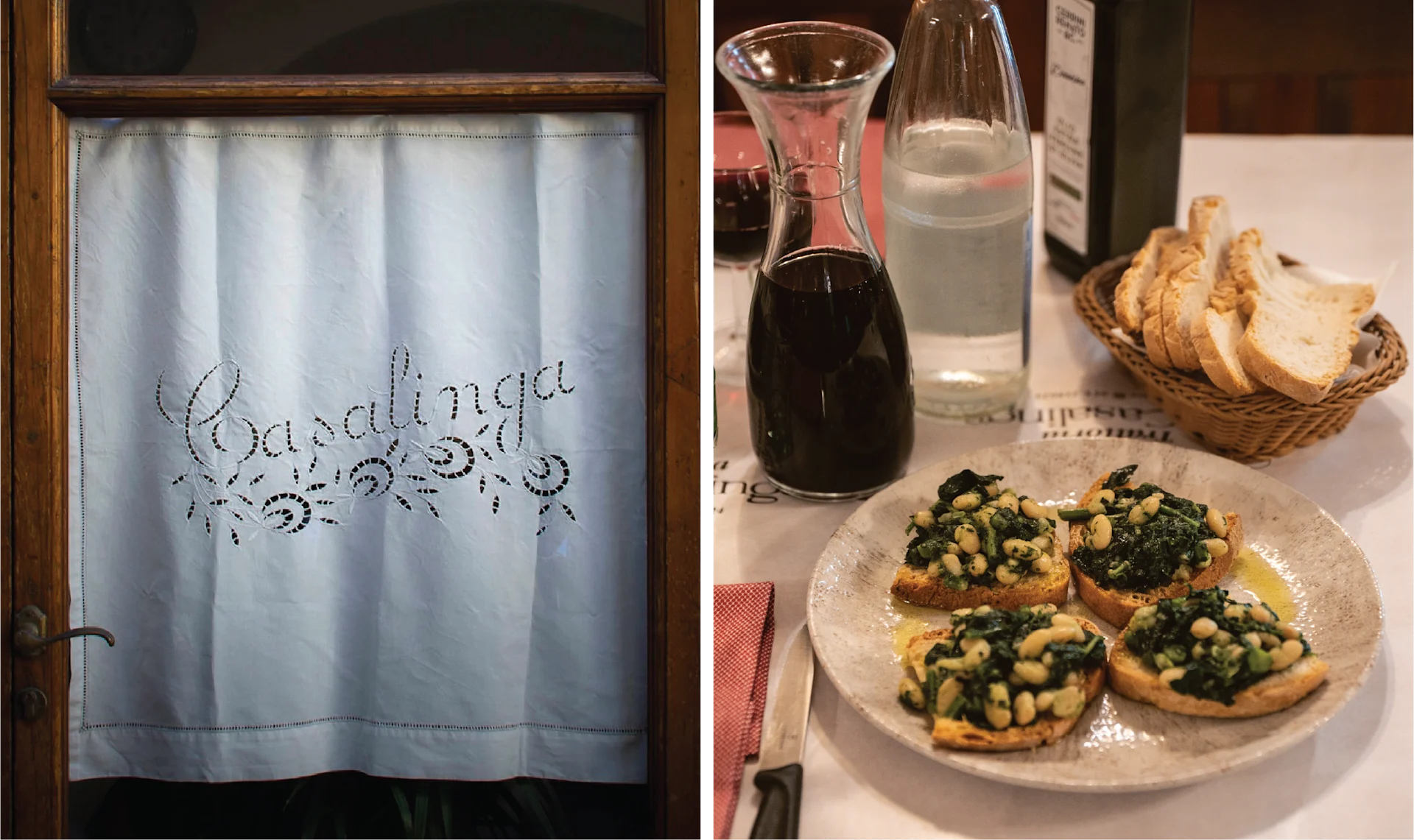Cavolo nero and white bean crostini served on rustic plates at Casalinga, photographed on a simple wooden table.