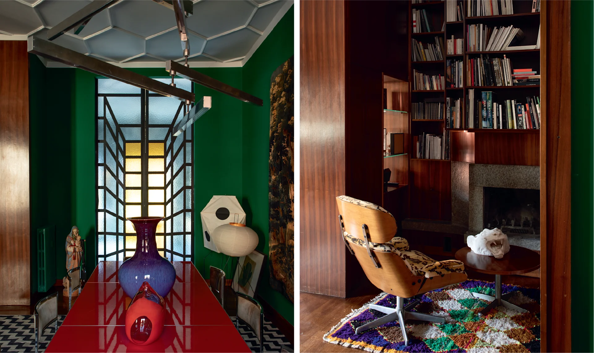 Contemporary hallway with geometric ceiling panels, green walls, sculptural lighting, and a colorful glass object placed along a glossy red floor. Warm wood-paneled library corner with shelves filled with books, a leather lounge chair, patterned rug, and soft ambient lighting.