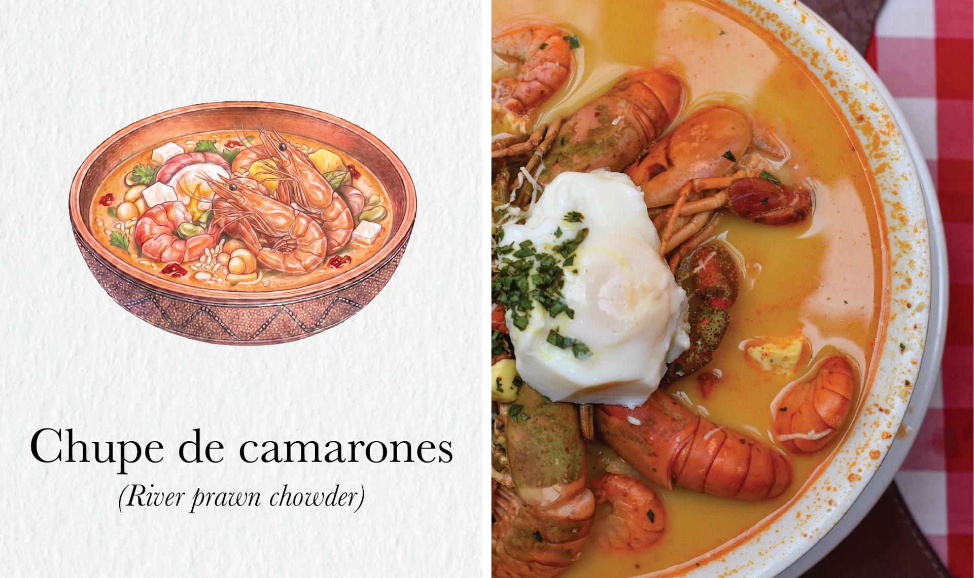 The Fire Still Burns in Peru’s Picanterías < Gallery 1 < Slide 2 < Image Watercolor of chupe de camarones beside a photograph of the river prawn chowder under a poached egg.