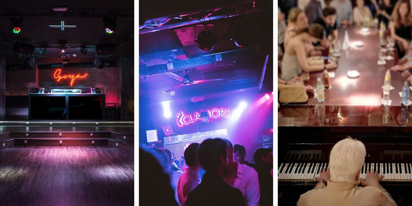 Photos of the Madrid nightclubs Sala Clamores and Café Berlin. 
