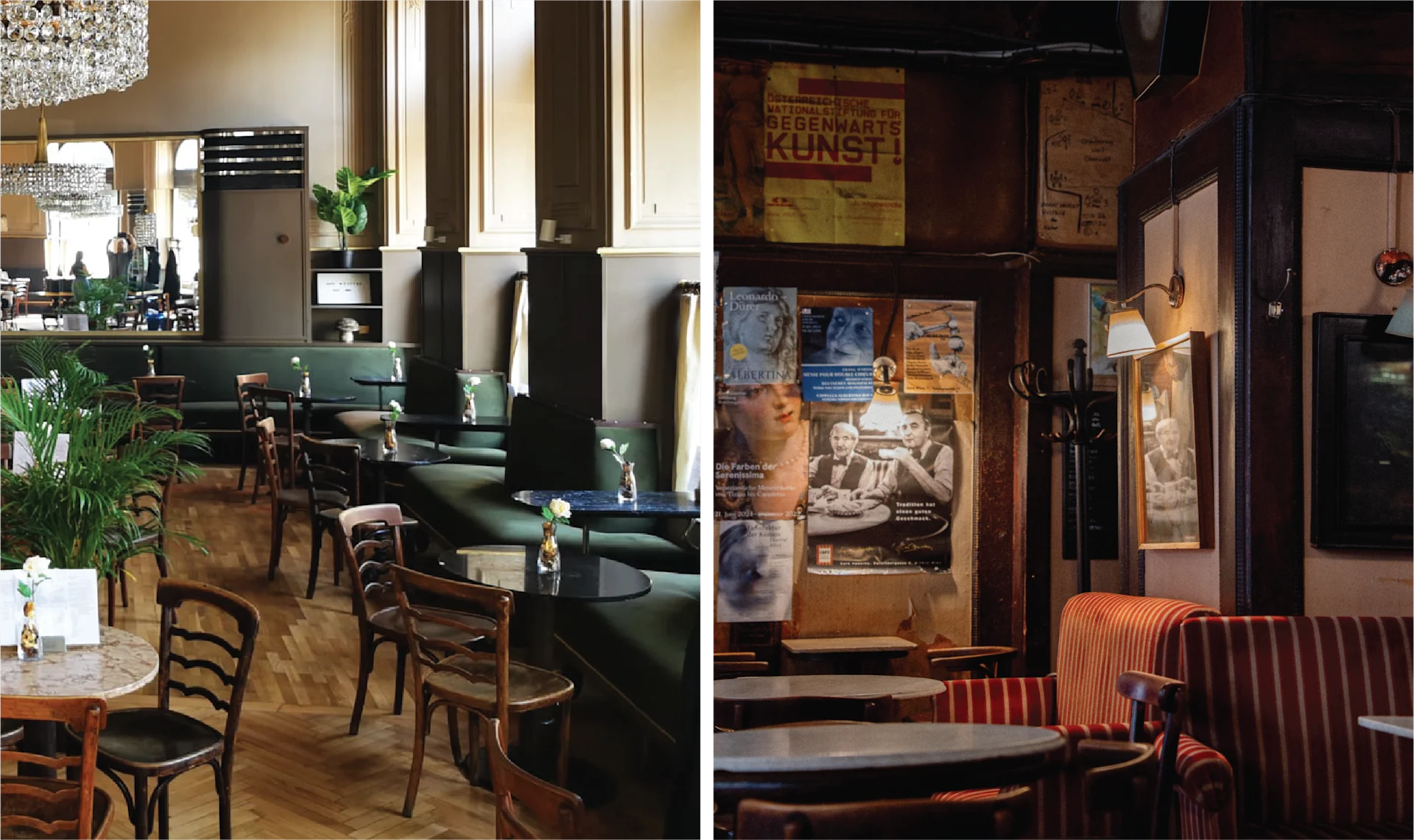 Two side-by-side images of Café Westend and Café Hawelka, showing traditional interiors with marble tables, bentwood chairs, and historic architectural details