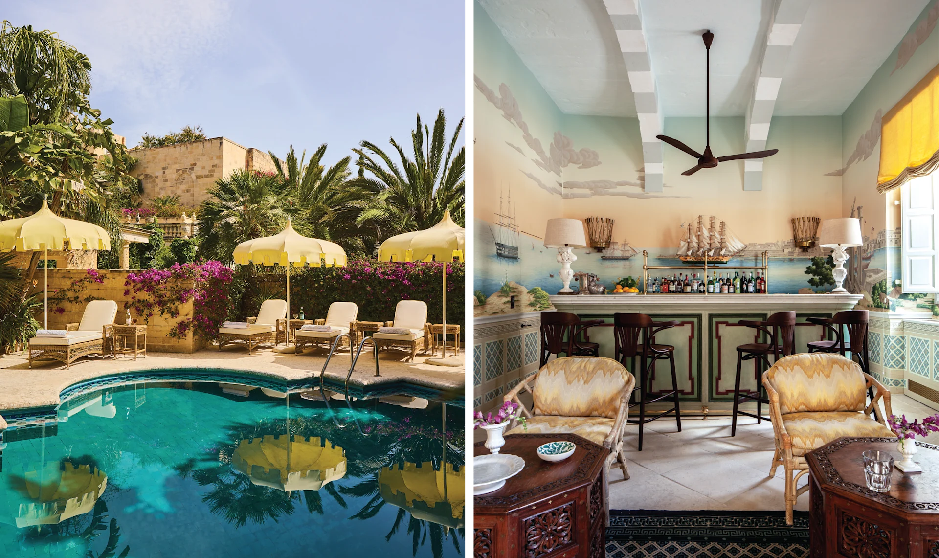 Left: A lush hotel pool area with turquoise water, wicker sun loungers, yellow fringed parasols, and vibrant bougainvillea against ancient limestone walls. Right: An intimate, eccentrically decorated hotel bar with hand-painted maritime murals covering the walls and ceiling, rattan armchairs, and a brass-railed bar.
