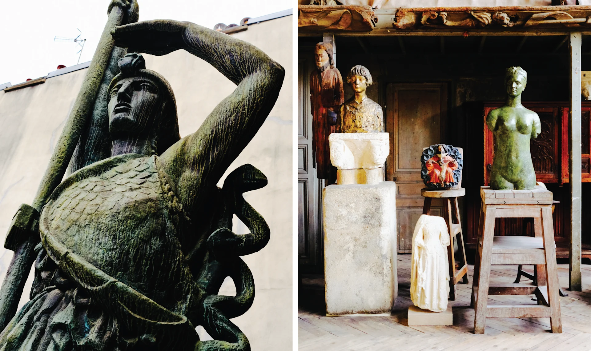 Bronze sculpture of a warrior in Paris next to a rustic artist’s studio filled with plaster busts and classical statuary