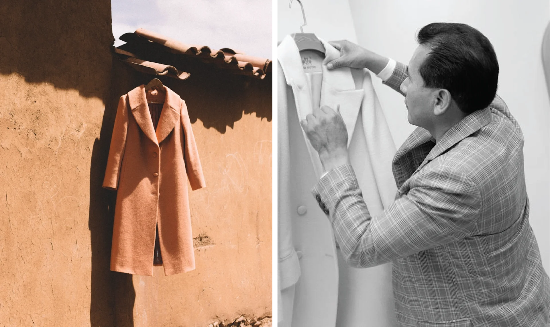 Split image featuring a camel-colored coat hanging against an earthen adobe wall and a designer carefully adjusting a garment on a dress form in a studio. 