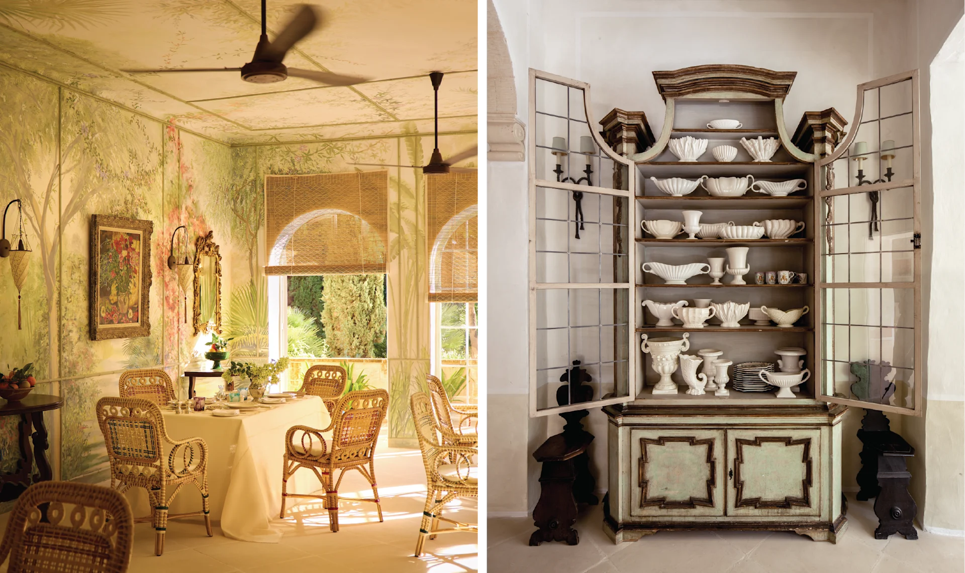 Romantic dining room at Casa Bonavita with botanical wall murals, wicker furniture, arched windows, and a curated antique cabinet displaying white ceramics.