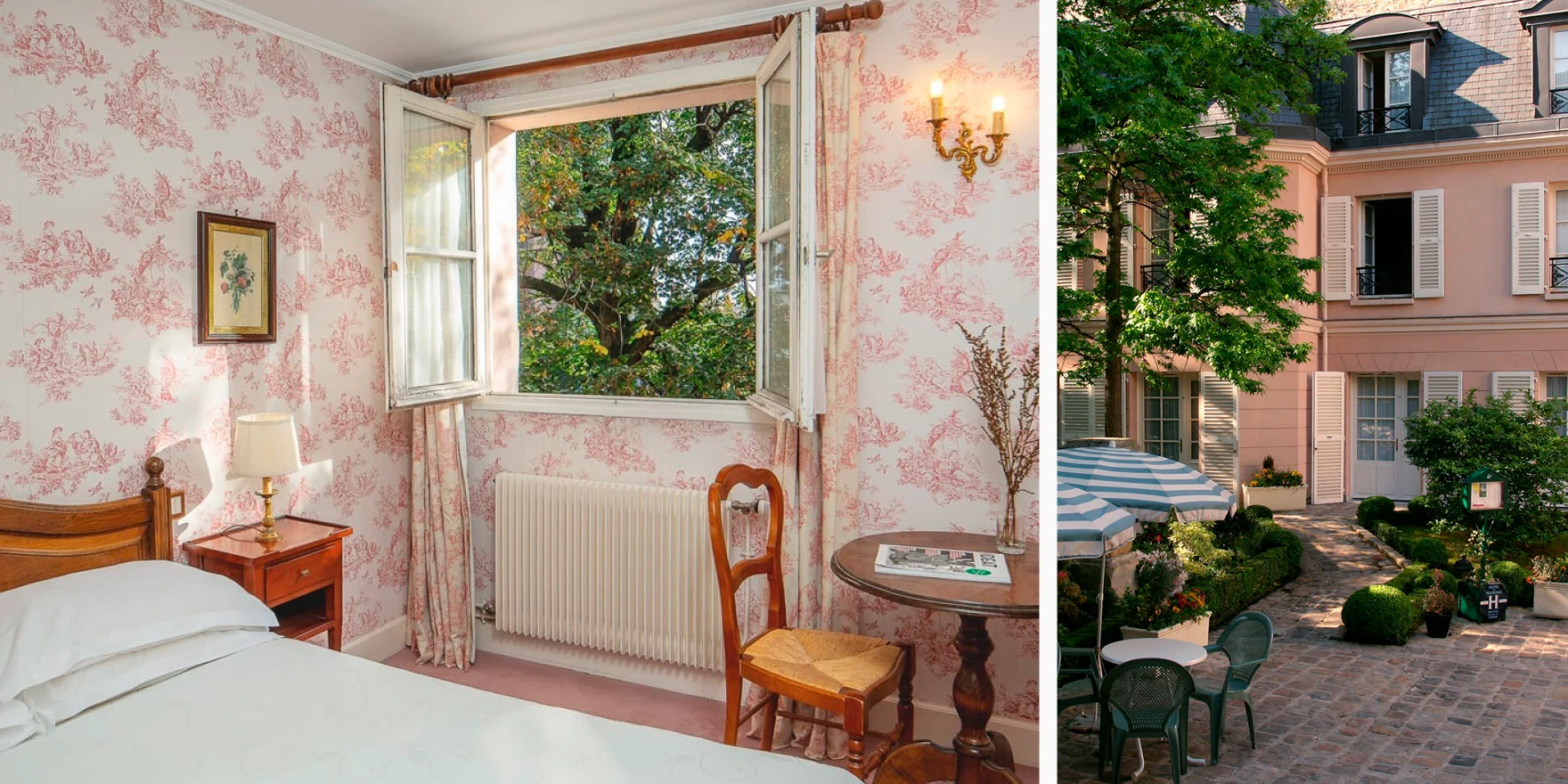 Room interior and courtyard courtesy of the affordable Parisian Hôtel des Grandes Écoles