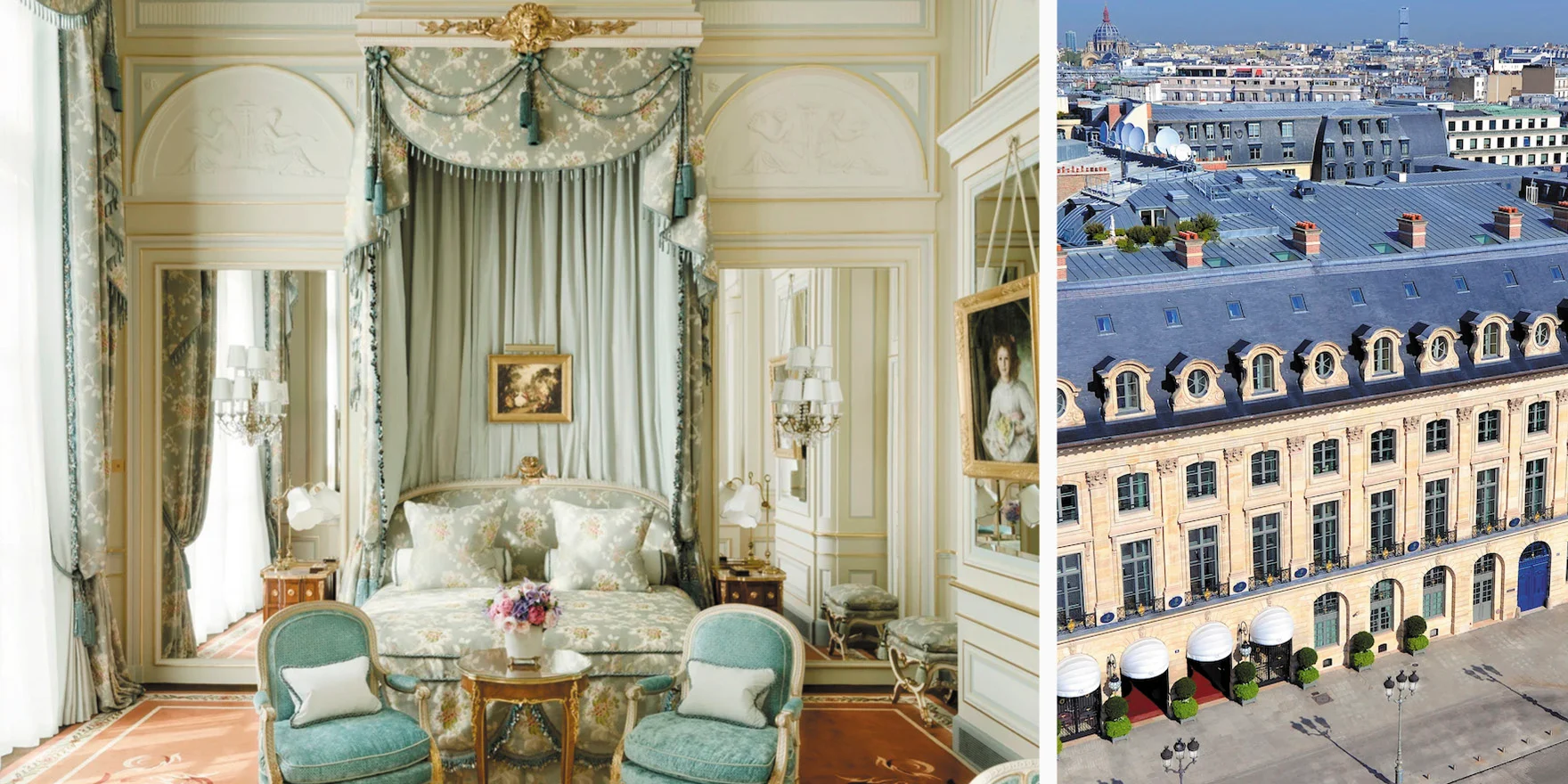 Facade and room interior from the luxury hotel Ritz Paris in paris france