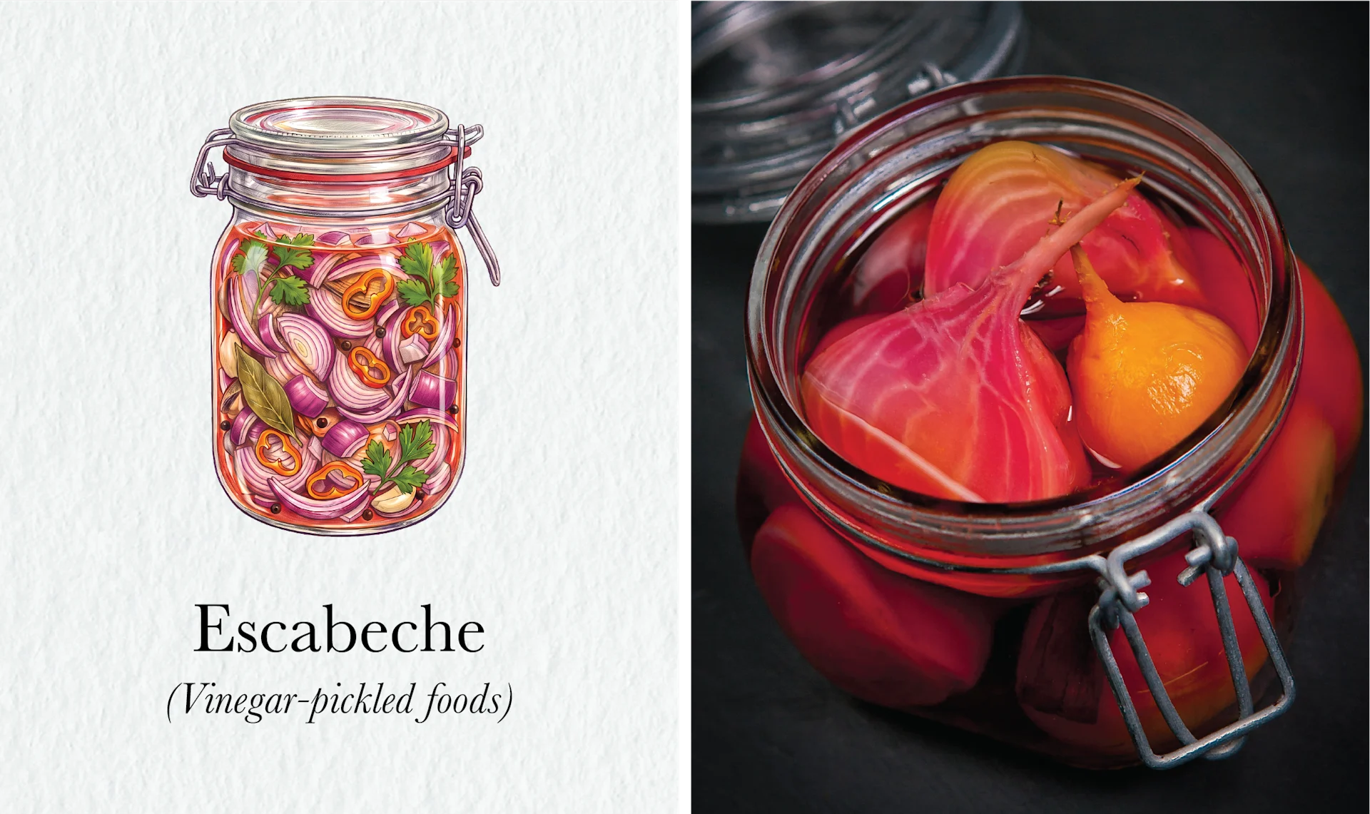 The Fire Still Burns in Peru’s Picanterías < Gallery 3 < Slide 1 < Image Watercolor of a jar of escabeche beside a photograph of pickled beets and onions in a clamp-top jar.