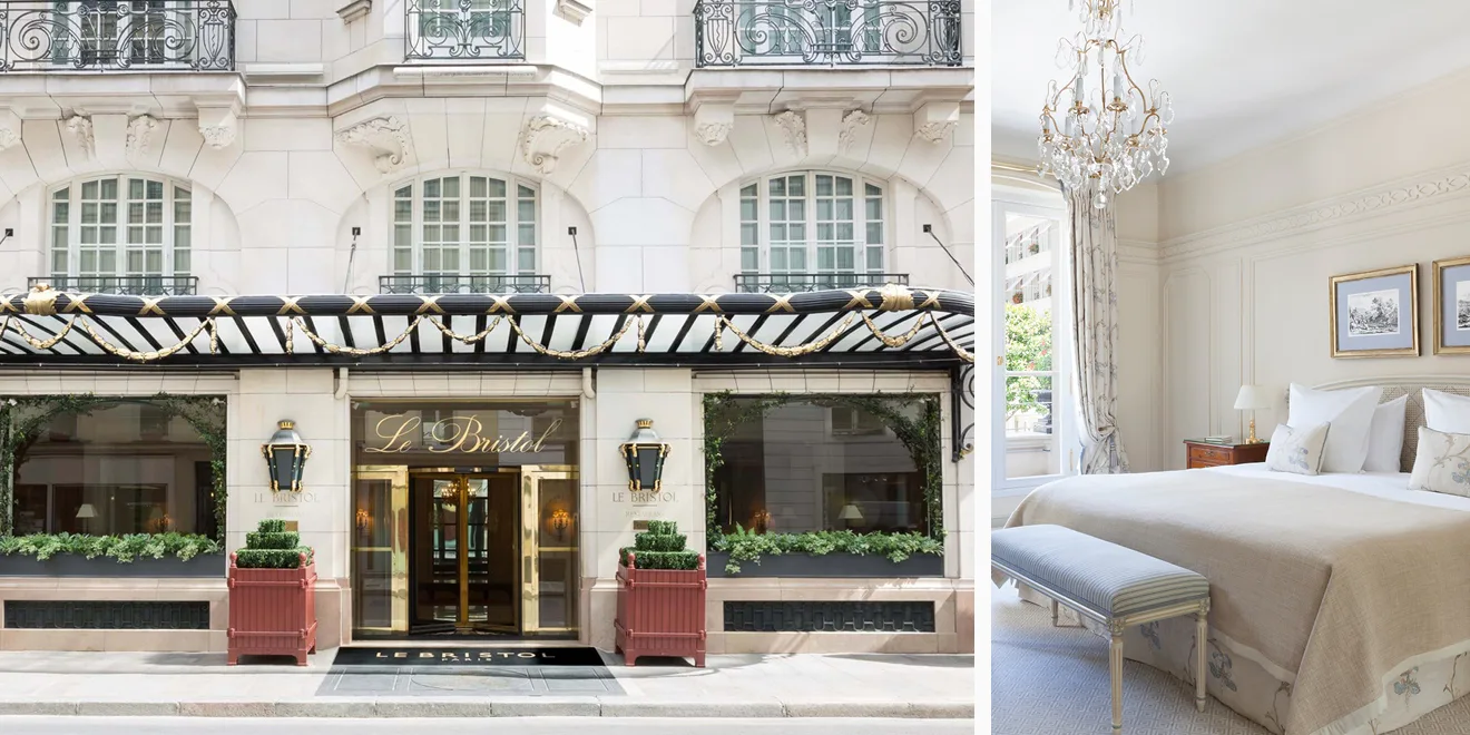 Facade and room interior from the luxury hotel Le Bristol in paris france