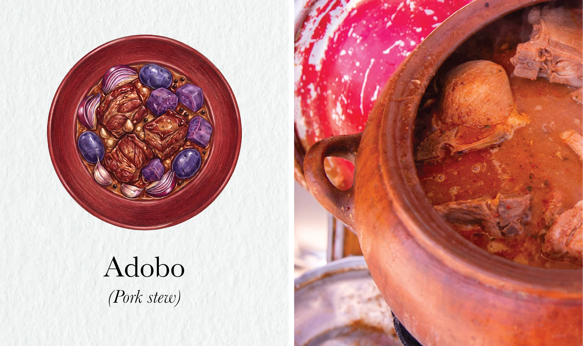 The Fire Still Burns in Peru’s Picanterías < Gallery 4 < Slide 2 < Image Watercolor of a bowl of adobo beside a photograph of the pork stew simmering in a clay pot.