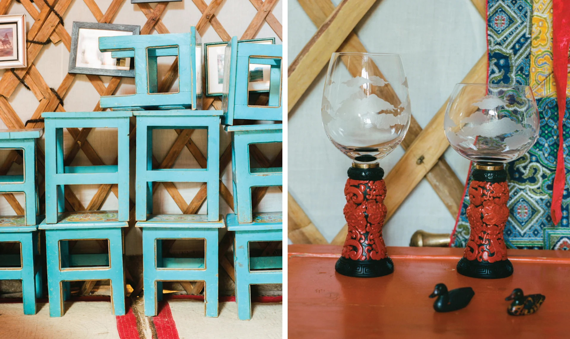 Low seating and colorful furnishings inside a Mongolian ger, showcasing vibrant textile traditions