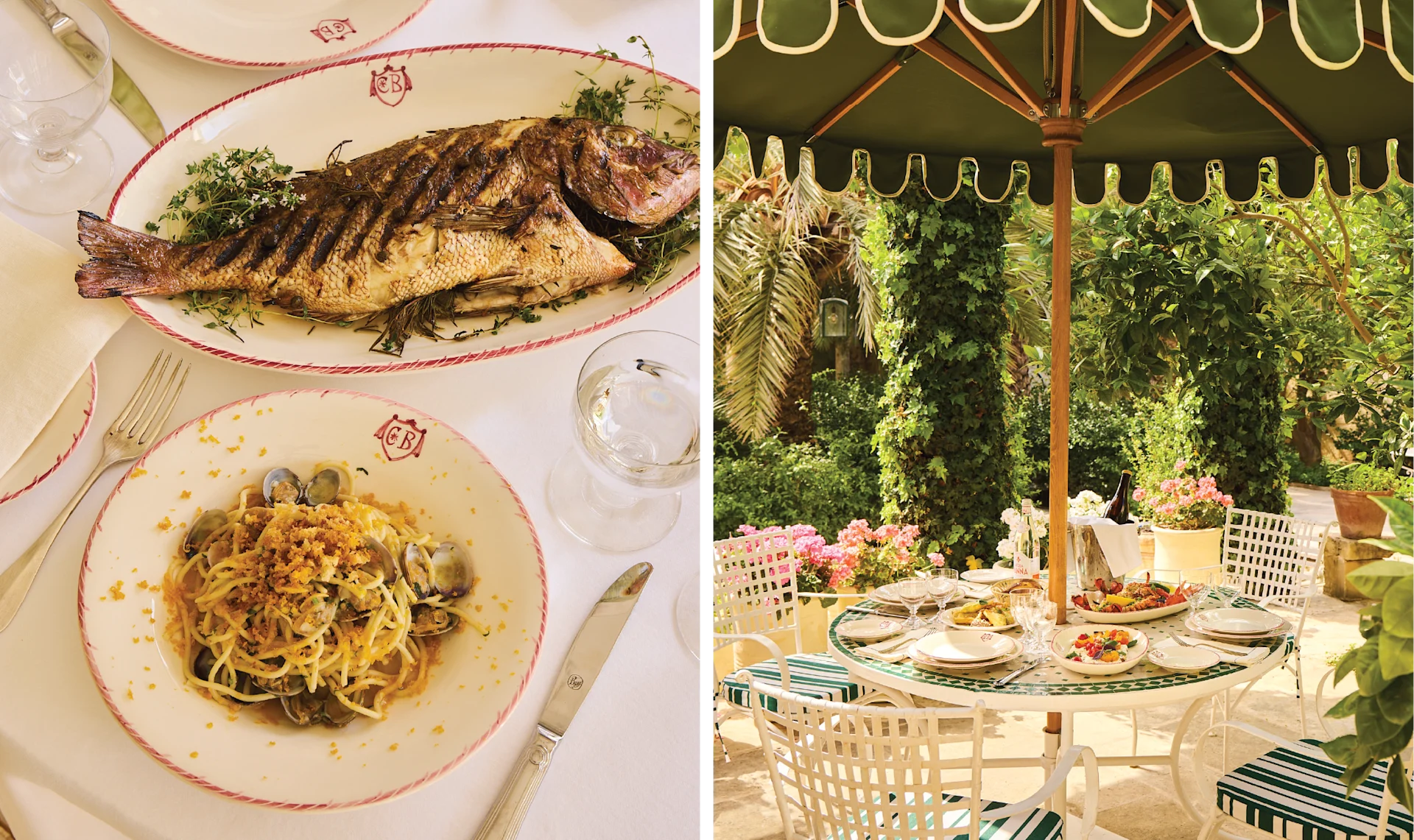Fresh Mediterranean cuisine at Casa Bonavita, including grilled fish and seafood pasta, served in a lush garden terrace shaded by a striped umbrella.
