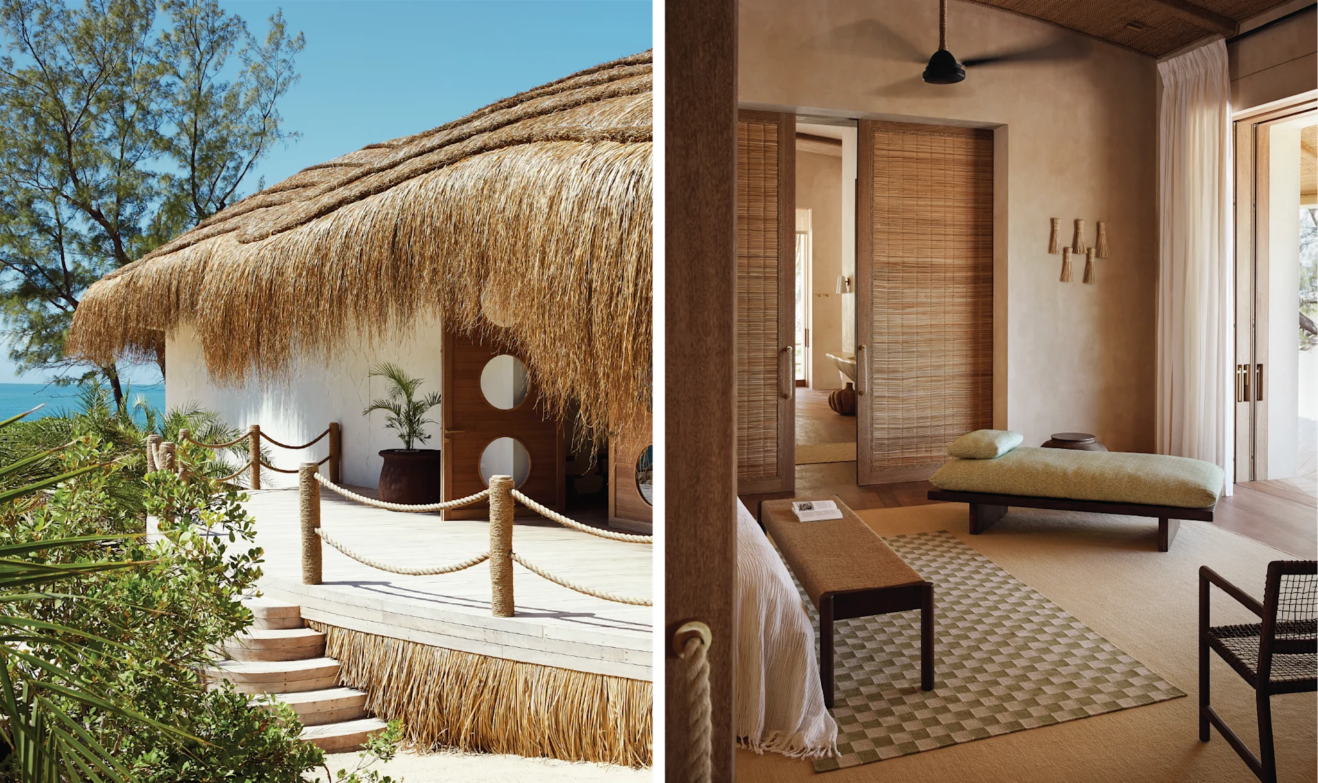Architectural detail of a Kisawa villa or pavilion, highlighting curved forms, thatched roofing, and earthy materials integrated into the coastal setting.Beachfront scene showing calm ocean waters meeting a sandy shore, with minimal, low-impact structures positioned discreetly within the landscape.