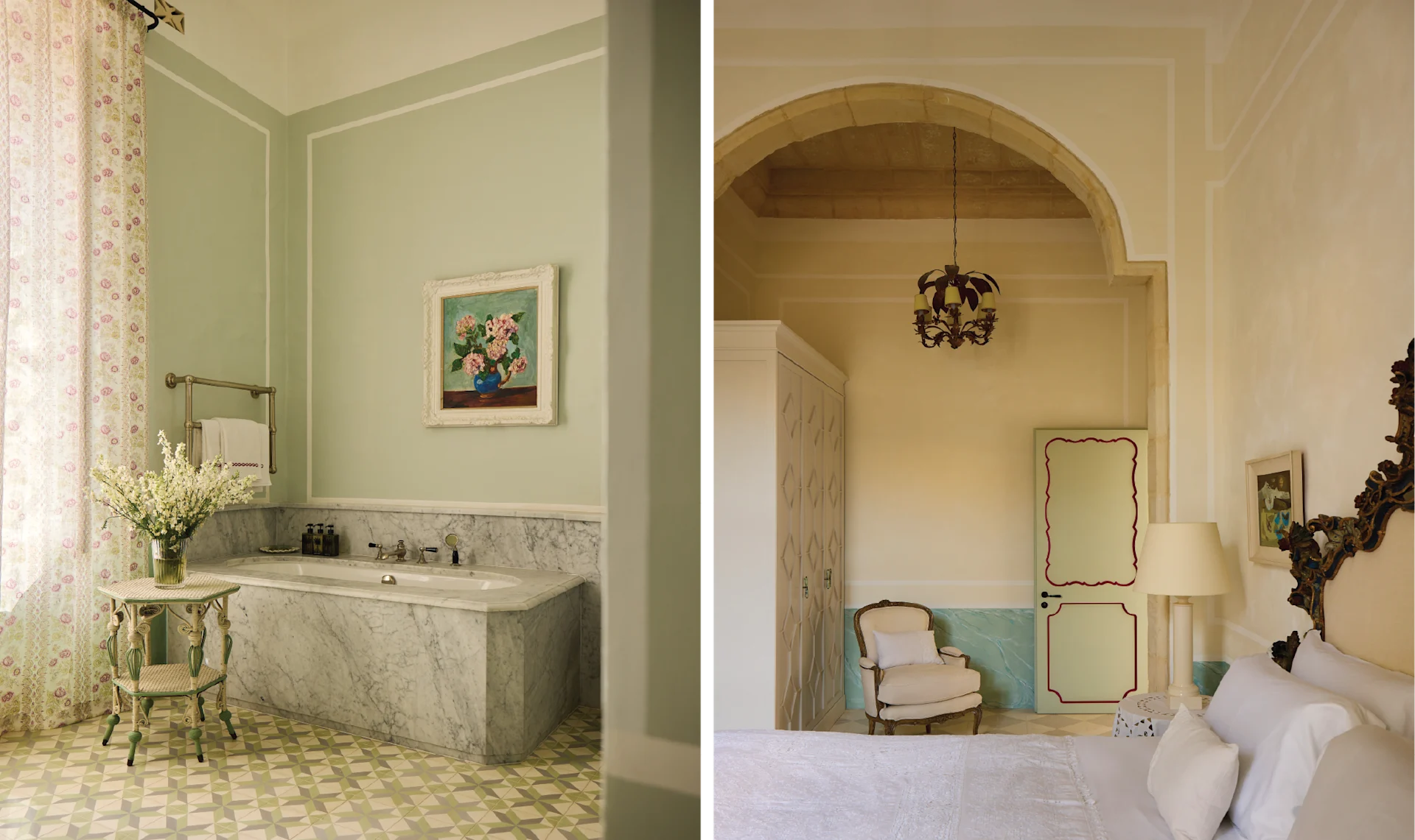 Refined guest suite and marble bathroom at Casa Bonavita featuring pastel tones, high ceilings, vintage furnishings, and elegant architectural details.